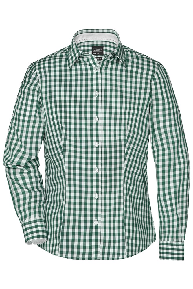 Ladies' Checked Blouse - Forest-green/white (ca. Pantone 567C
white)