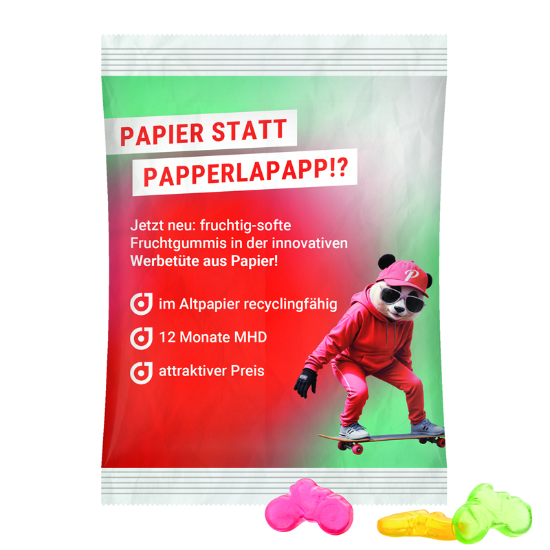 Maxitüte, recyclingfähiges Papier weiß, Trolli Fruchtgummi Fahrrad