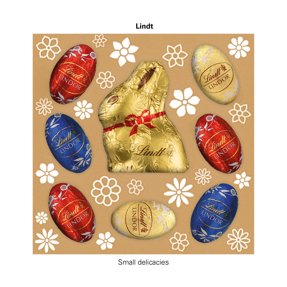 Lindt Präsent im Werbeschuber "Hasenohren", Kleine Kostbarkeiten Goldhase
