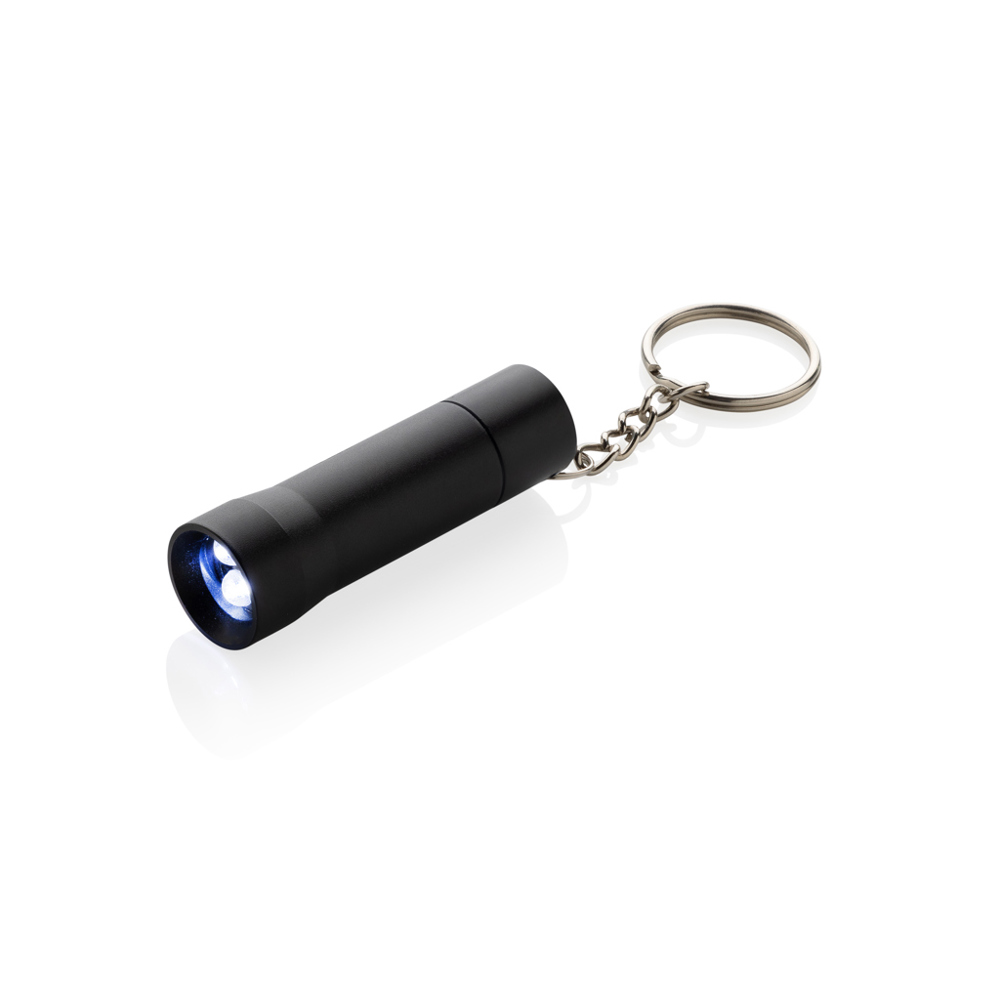 Flash Schlüsselanhänger-Taschenlampe aus RCS rec. Aluminium - schwarz (± PMS Black)