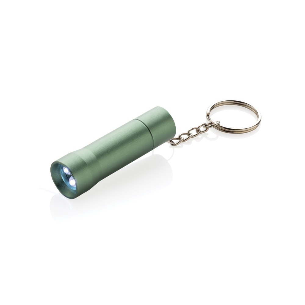 Flash Schlüsselanhänger-Taschenlampe aus RCS rec. Aluminium - grün (± PMS 5565C)